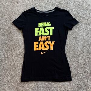 Nike Women's Black Tee with Neon Green and Orange Print